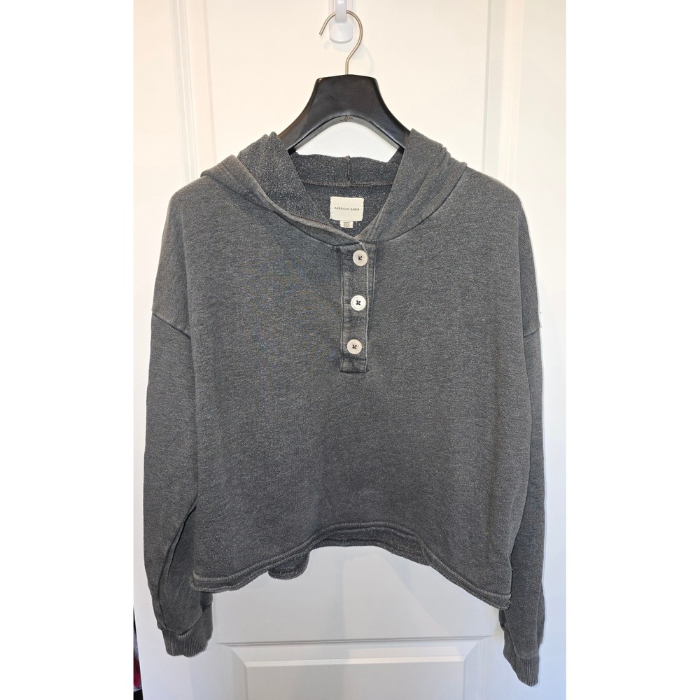 American Eagle Cropped Henley‎ Hoodie Charcoal Gray Fleece Pullover Medium
